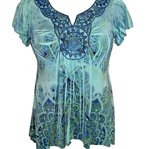 World Unity Women's 1X Blouse Teal Blue Green Short Sleeve Sharkbite Hem Crochet